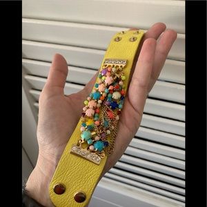 Leather and colored gem diamond studded bracelet